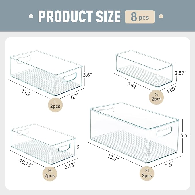 Heyuzb 16 PACK Freezer Organizer Bins Fridge Organizers and Storage Stackable Refrigerator Organizers Bins with Side Handles Clear Storage Bins for Pantry, Under Sink, Kitchen Cabinet