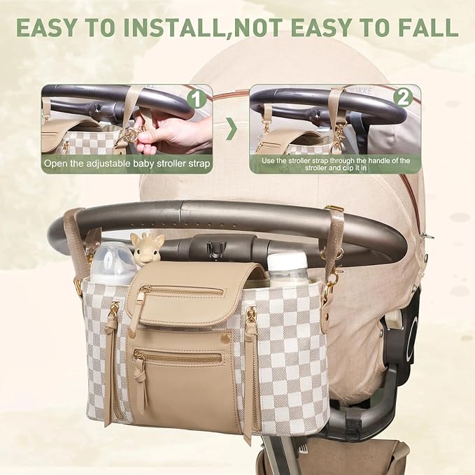 miss fong Checkered Stroller Caddy with Insulated Cup Holder Universal Stroller Organizer Bag Baby Storage Bag with Adjustable Strap, Fits for Baby Carriage like Uppababy, Baby Jogger, Umbrella