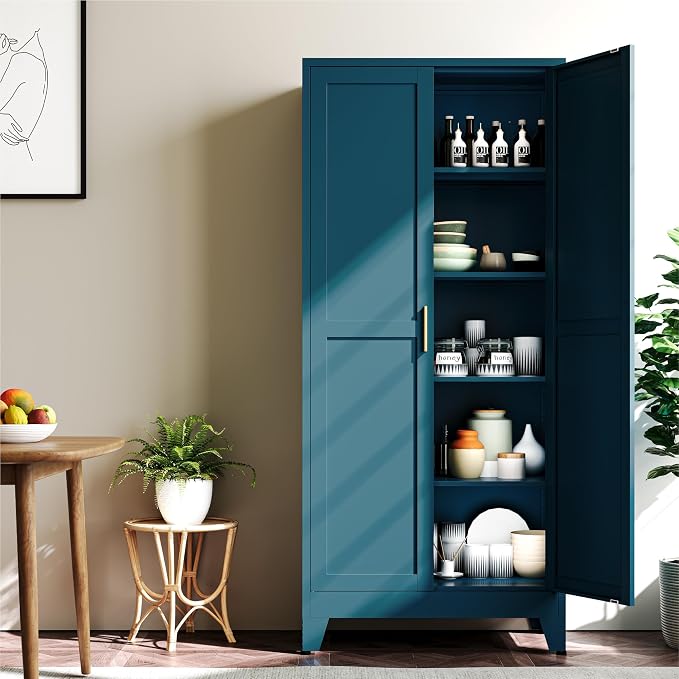 YAUWOH 71''Metal Cabinet with 4 Adjustable Shelves,5-Tier Pantry Storage Cabinet,Kitchen Pantry Cabinet for Living Room,Dining Room, (1PC,Blue)