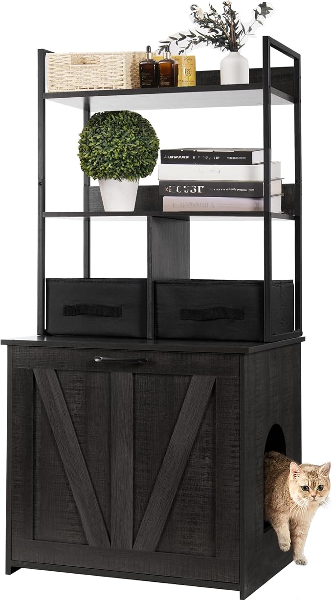 Dwanton Cat Litter Box Enclosure, 2 Storage Shelves and 2 Drawers, 50" H | 2-in-1 Hidden Cat Litter Box Enclosure Furniture with Shelf, Metal Frame, Reversible Entrance, Washable Drawers, Dark Grey
