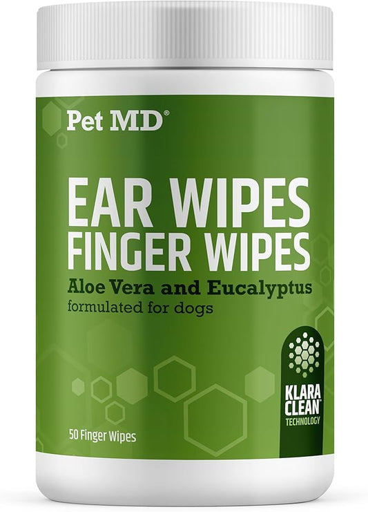 Pet MD Dog Ear Cleaning Wipes – Otic Cleanser for Dogs, Soothing Ear Care with Aloe Vera & Eucalyptus, Finger Wipes, 50 Count