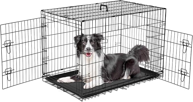 Sweetcrispy 42 Inch Dog Crate, Medium Large Dog Cage, Foldable Pet Kennel | Double Door, Metal Kennel, Secure Lock, Removable Tray, Indoor Outdoor Training Travel