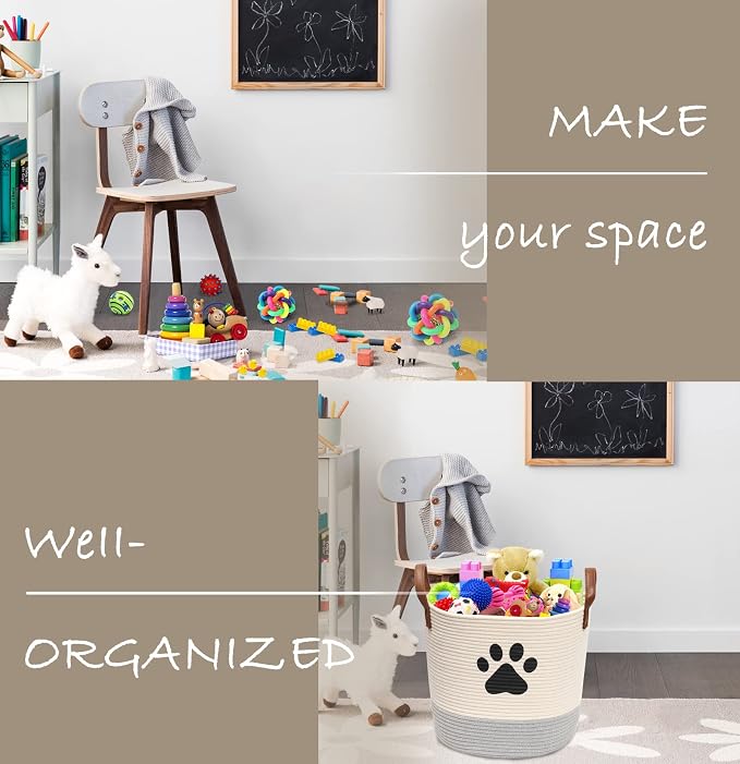 Cotton rope dog toy basket, puppy bins, laundry basket blanket storage bin - Perfect for organizing pet toys, blankets, leashes White Gray