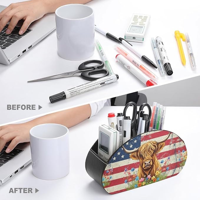 Remote Control Holder Box American Flag Highland Cow Desk Storage Caddy | with 5 Compartments, American Flag Highland Cow Office Supplies Table Decor for Media Player, Stationery, Makeup Brush