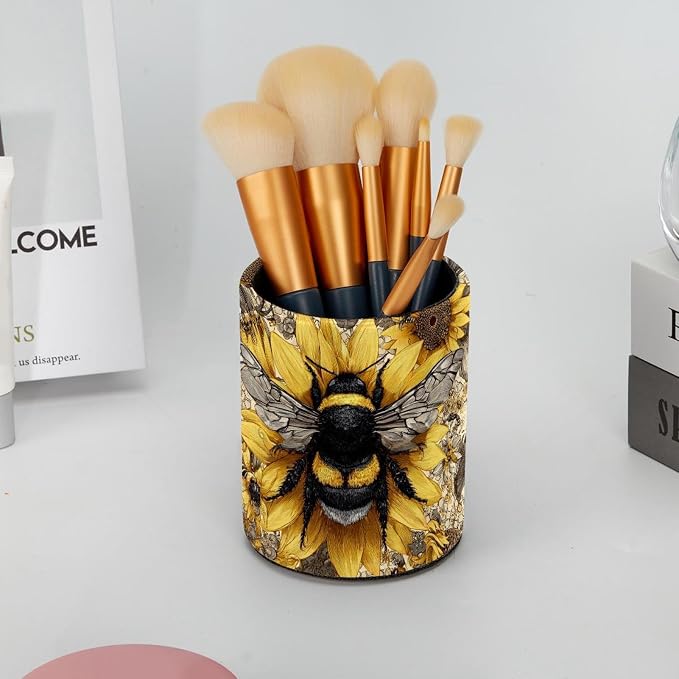 Faux Leather Pen Holder for Desk, Pencil Organizer Bees and Sunflowers Pen Cup Desk Decor Makeup Brush Holder Storage for Office Home