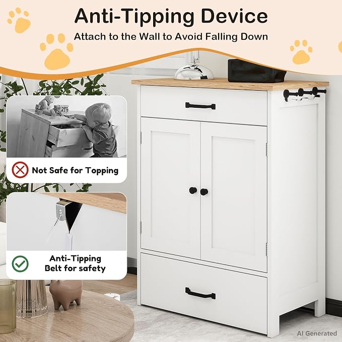 Dog Feeding Station Food Storage with 2 Elevated Stainless Bowls White Wood | Pet Organizer Cabinet With Adjustable Shelf Sliding Drawer Hidden Feeder ,Toy Organization Container for Cats & Dogs
