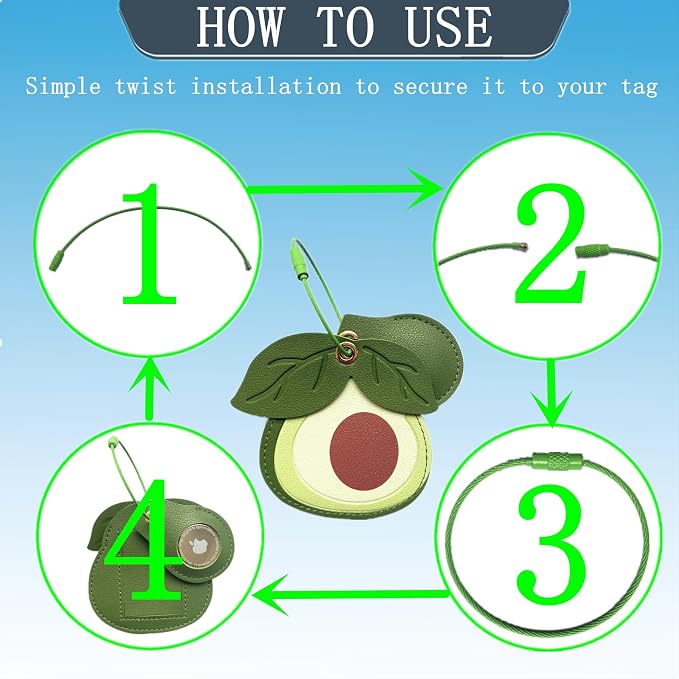 PU Leather Luggage Tag with Airtag Holder Case Set and Name ID Label | Hidden Compartment for AirTag Travel Suitcase Tracking Case with Stainless Steel Loop,Cute Fruit Plant Animals Styles,Avocado