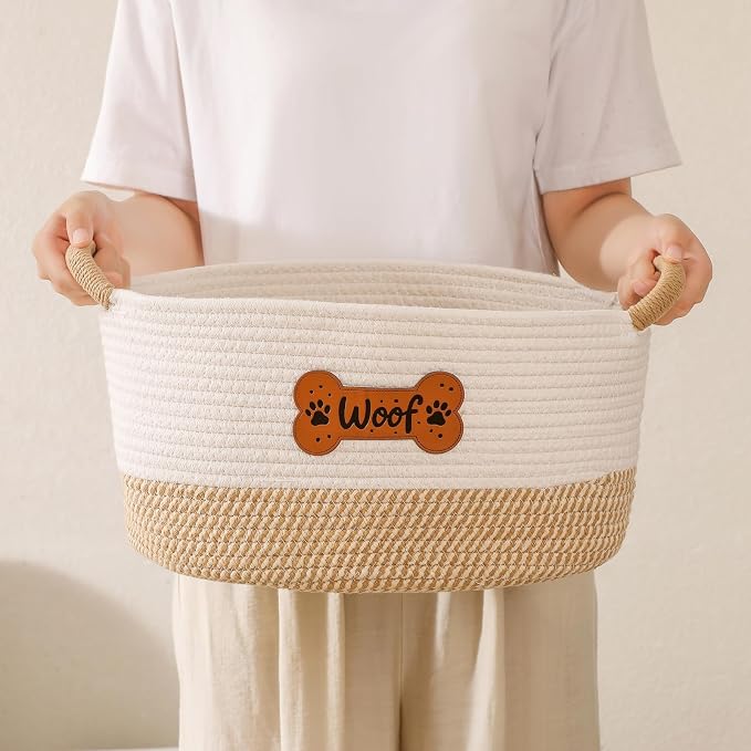 Dog Toy Basket, Dog Toy Box Organizer Baskets, Woven Cotton Rope Pet Puppy Dogs Toy Bin With Handle, Chew Toys Blankets Leashes Storage Baskets for All Pets - Puppies to Large 14" L x 10.2" W x H 7.9"