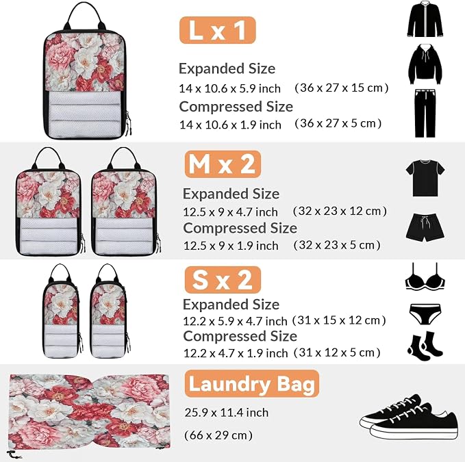 Flower 6 Set Compression Packing Cubes Floral Expandable Packing Organizer for Travel Accessories Luggage Suitcase Bag