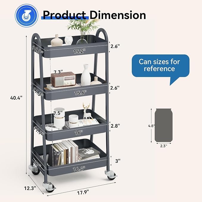 OLIXIS Metal 4 Tiers Rolling Storage Utility Cart with Lockable Wheels | Mobile Organizer Shelf, Space-Saving, Freestanding, Bathroom, Living Room, Slim, Narrow Corner Spaces, Gray