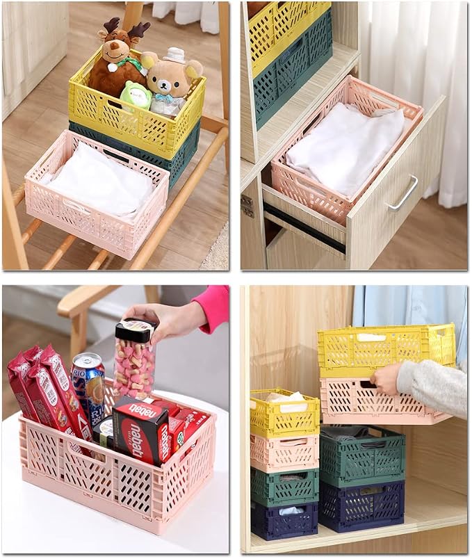 Plastic Collapsible Crate Folding Storage Basket with Handle for Shelves Home Kitchen Classroom and Office Vanity Bathroom Organization Drawer Clapboard Partition (White-1pack)