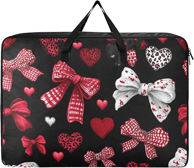 Comforter Storage Bags Large Folding Blanket Organizer Bag with Strong Handles Clear Window Closet Storage Containers for Clothes King Queen Pillows Bedding Quilt Duvet Red Bows Hearts