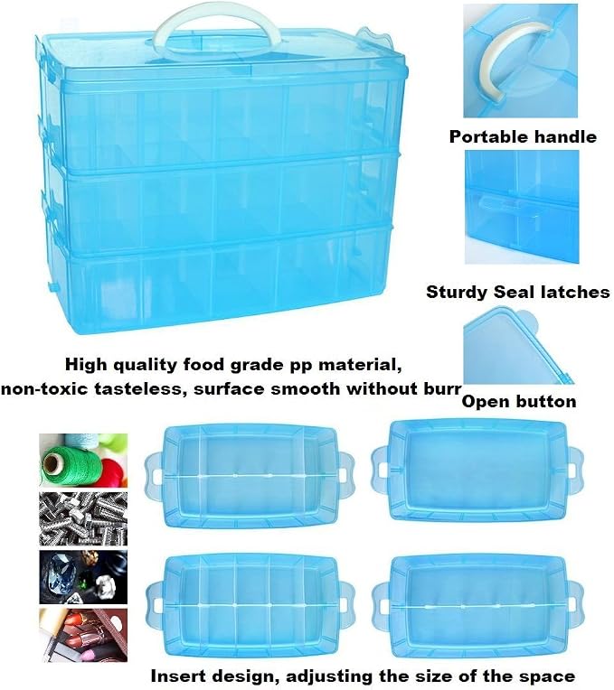 Kamay's Extra Large 3 Tier Stackable Adjustable Compartment Slot Bead Craft Jewellery Tool Storage Organiser Snap-Lock Tray Container, with 30 Compartments, Container Box,White