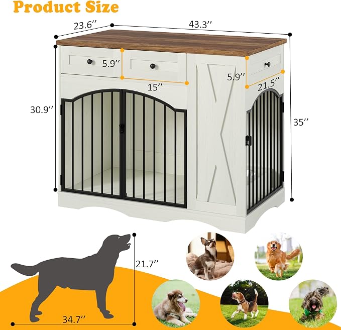 43.3" Farmhouse Dog Crate, Furniture Style Dog Cage with 3 Drawers, Removable Feeder and 2 Bowls, Wooden Heavy Duty Dogs Crates End Table for Medium Large Dogs, Beige+Brown