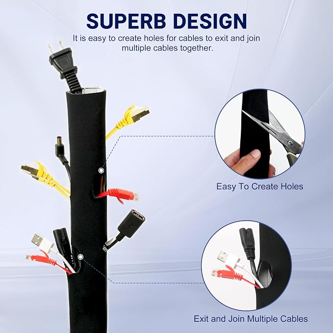 CableGeeker Cable Management Sleeve, 5ft (60 inch) - 1.5 inch, 2-Pack | Hook-and-Loop Cuttable Neoprene, Split Reversible Sleeve for TV, USB, PC and Ethernet Cables, Protect Pets Kids