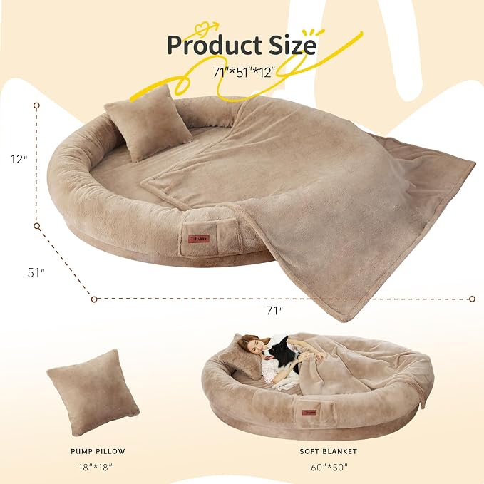 Fvkind Human Sized Dog Bed, Dog Bed for Humans, 71"x51"x12", Khaki | Human Size Dog Bed for People, Large Human Dog Bed, Blanket and Pillow, Thick Orthopedic Foam, Washable Faux Fur Cover