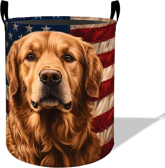 Patriotic Golden Retriever Laundry Basket Hamper 19.7"x15.8", Organizer Bins Gifts for Kids Boys Girls, American Flag Foldable Waterproof Oxford Clothes Storage Bucket for Bedroom Bathroom Decor