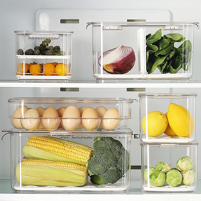 elabo Fridge Fruit Storage Containers, 3 Pack Lettuce Keeper Produce Saver | Large Berry Containers with Lids for Fridge, BPA-Free & Food Grade, Fresh Containers for Vegetables with Removable Drainer