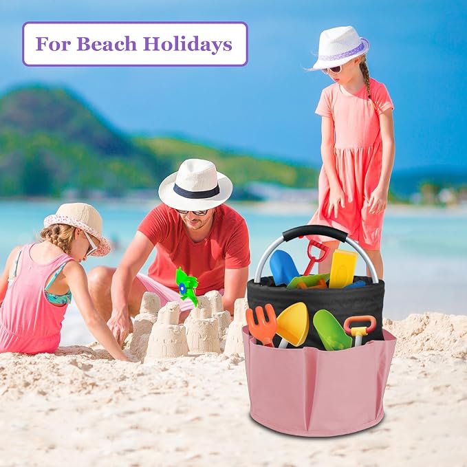 17L Cleaning Supply Caddy for Family, Portable Shower Caddy with Handle and 6 Pockets, Foldable Tool Bucket Organizer, Large Storage Basket for Camping, Gardening, Black with Pink