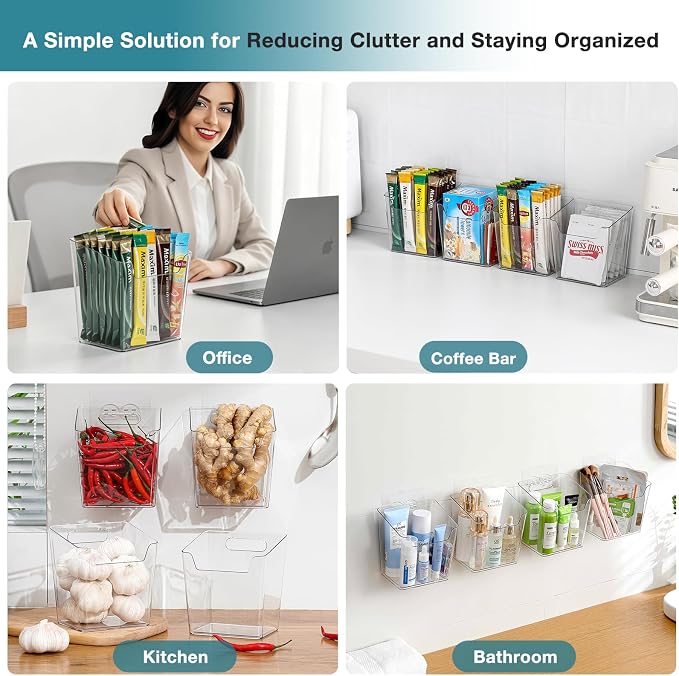 2-Pack Kitchen Cabinet Door Organizer Adhesive, Drink Packet Organizer | Hanging Storage Bins, Stick on Small Wall Storage Container, Clear Bathroom Under Sink Caddy Spice Rack for Pantry Organizer