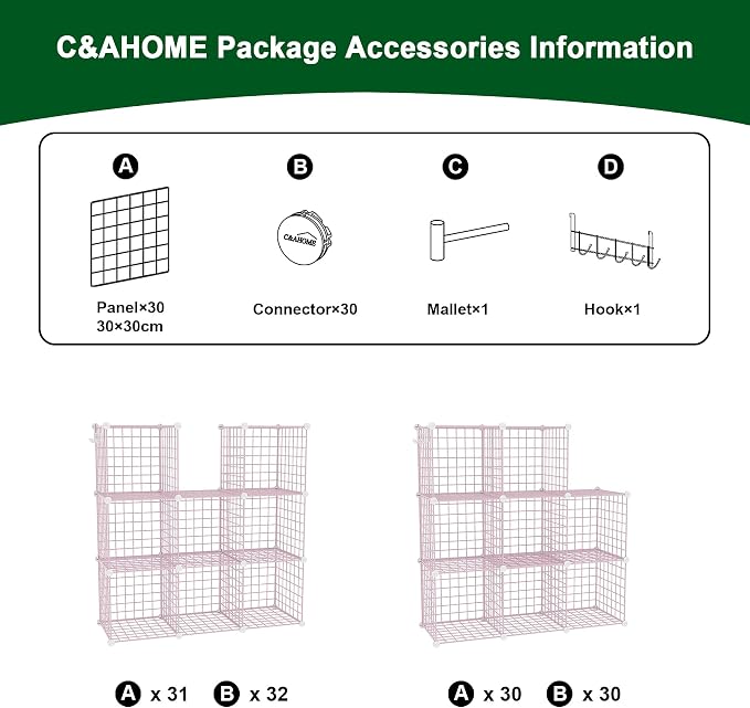 C&AHOME Wire Cube Storage, 8 - Cube Organizer Metal C Grids Units, Pink | Modular Shelves Units, Closet Organizer, Storage Bins Shelving, Ideal for Home, Office, Living Room