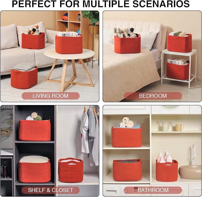 Storage Baskets for Organizing Shelves, Woven Cotton Rope Basket for Storage, Dog Toy Baskets Storage Kids, Cute Shelf Basket for Living Room Bedroom, 14.8"×11"×9.5", Pack of 3, Brick Red
