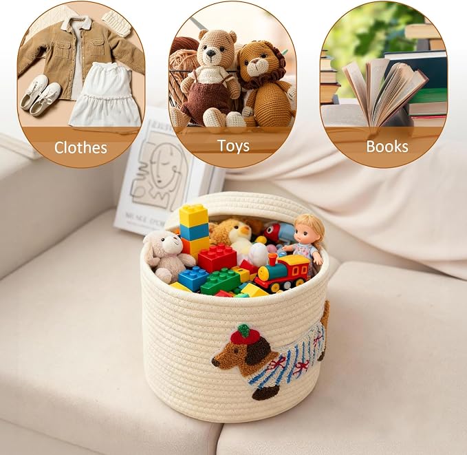 Cute Dog Cotton Rope Storage Basket with Lid, 10"×10"×9" Woven Storage Bin, Large Capacity Dustproof Toy Organizer, Decorative Laundry Hamper for Living Room, Nursery, Kids Room (Large)