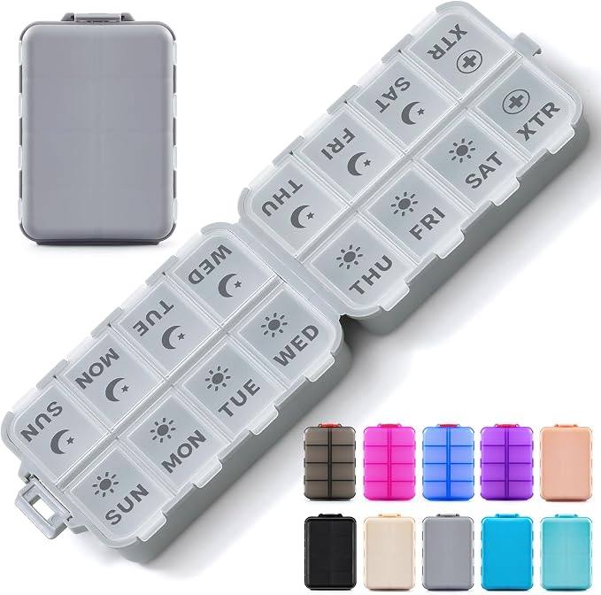Foldable & Portable Pill Organizer 2 Times A Day with Extra Compartments - Etched Labels - Weekly 7 Day AM PM Medicine Box, Week Daily Travel Pill Case Holder Dispenser for Vitamin, Supplement - Grey
