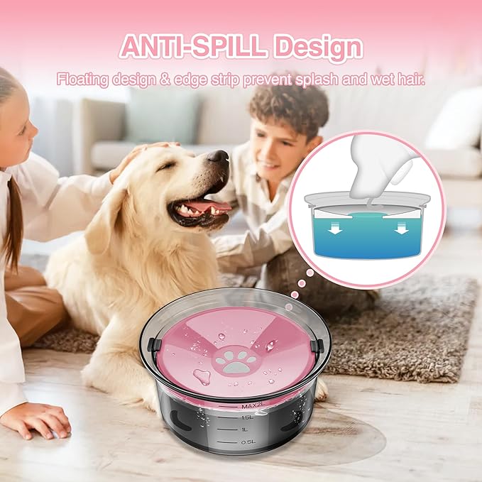 2L Dog Water Bowl No Spill, 70oz Large Spill Proof Dog Water Bowl Reduce Refill, Slow Drinking Water Bowl Anti Splash No Mess Pet Water Bowl for Vehicle/Outdoor/Indoor, Pink