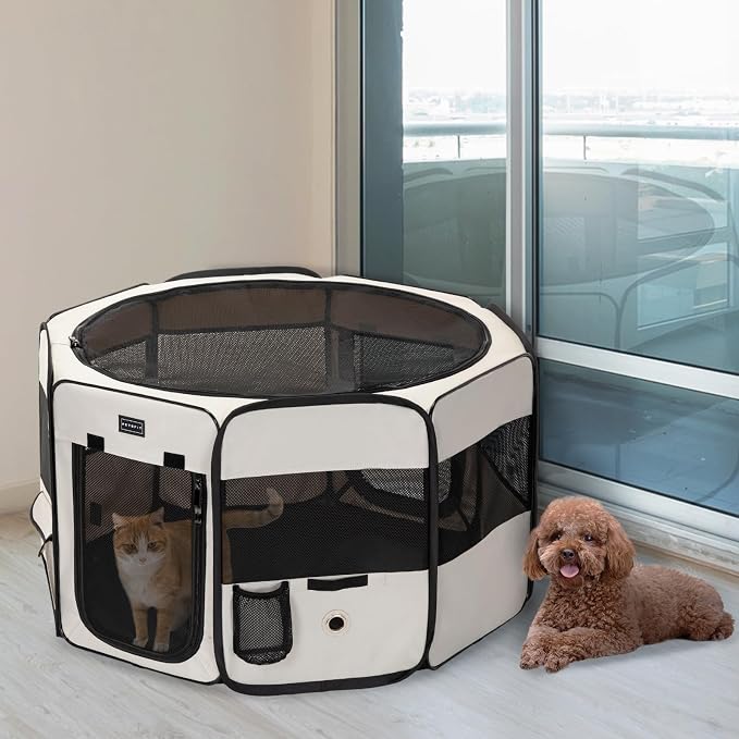 PETSFIT 45.5" Dog Playpen with Dual Zipper Doors –Sturdy Foldable Pet Playpen for Large & Medium Dogs with Removable Mesh Top and Leakproof Bottom