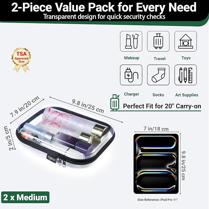 YQBRAO Clear Hard Shell Organizer Set, 2-Pack, Black | Two medium rigid PET organizers for travel, electronics, office supplies and everyday storage