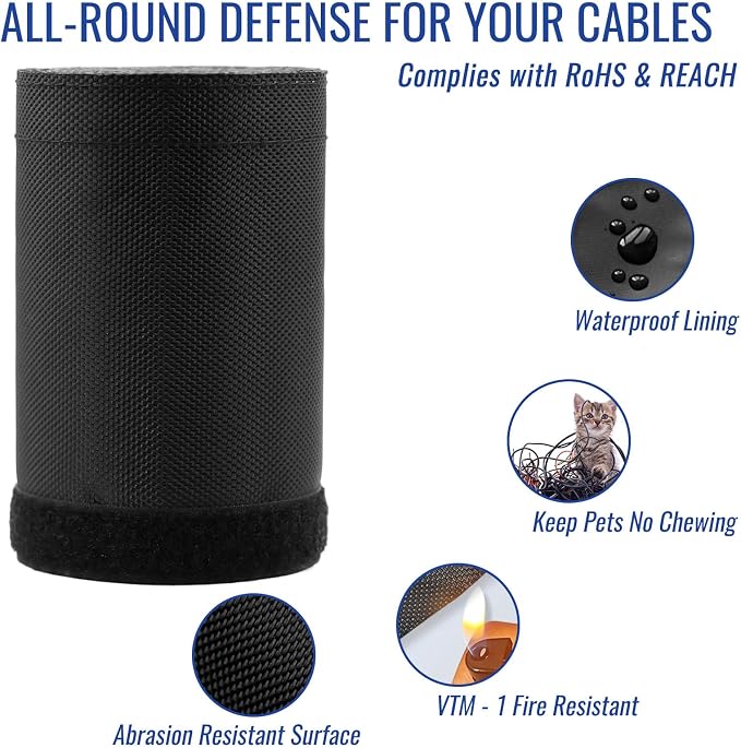 1.5" - 6.6 Ft Dog/Cat Cord Protector, Hook and Loop Cable Sleeve | Cable management sleeve; Reversible, flexible & cuttable; Split wire wrap for TV, USB, audio, computer and automotive; Black
