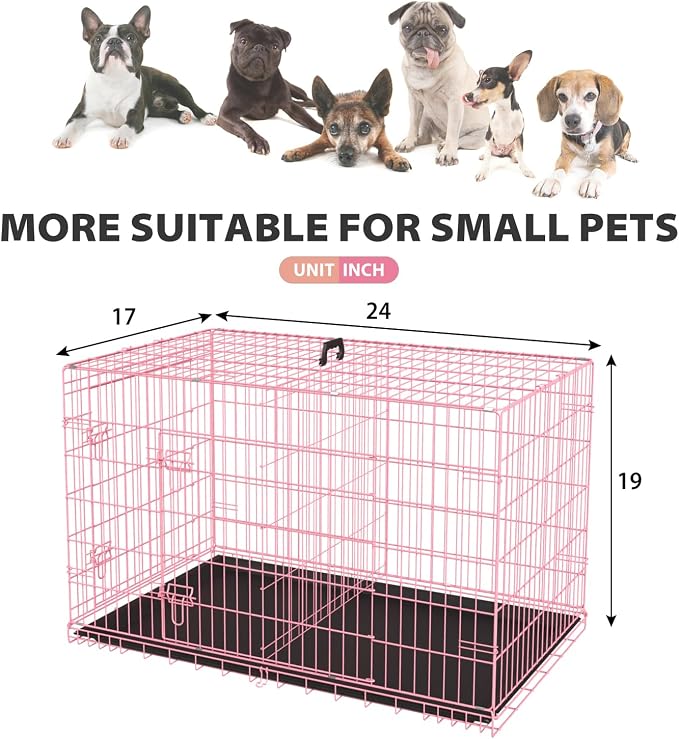 BestPet | Dog Crate | 24" | Pink | Foldable Metal Kennel with Double Doors | Secure Slide-Bolt Latches, Leakproof Tray | Portable Dog Cage for Small Breeds | for Travel, Indoor & Outdoor Use