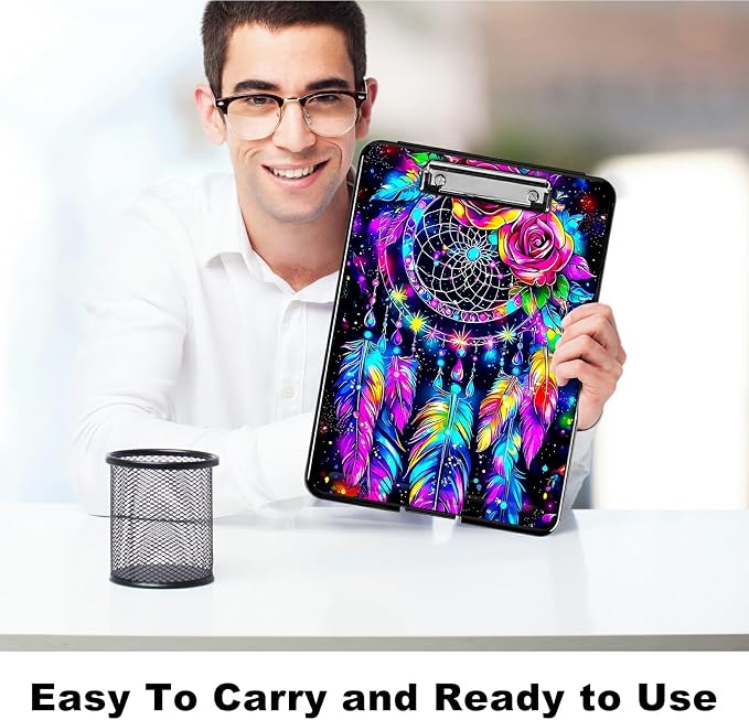 Artistic Dreamcatcher A4 Clipboard with Storage Pen Holder, Clipboards Organizer Nursing Clipboard Foldable File Folder Plastic Clipboard Folio Clip Board for Office Students Classroom
