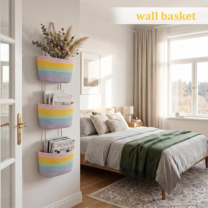 TeoKJ Over the Door Hanging Basket, 3-Tier Woven Cotton Wall-Mounted Storage Organizer Bag Decorative Hanging Nursery Baskets, Rainbow