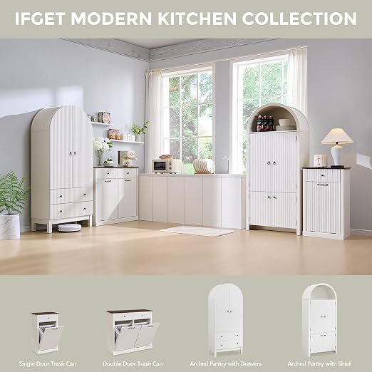 IFGET Triple Tilt Out Trash Can Cabinet, Modern Fluted Laundry Hamper Cabinet with 3 Drawers, 20 Gallon Hidden Wooden Garbage Can Cabinet w/Storage Basket & Adjustable Shelf, for Kitchen, White
