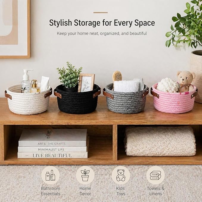 Small Woven Basket, Mini Cotton Rope Storage Basket with Leather Handle | Tiny Decorative Round Storage Bin, Cute Empty Gift Baskets for Organizing, Toy Organizer for Nursery, Boho Room Decor