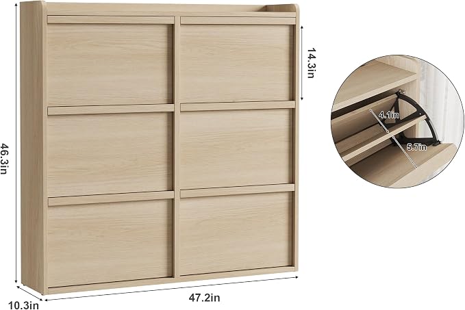GarveeHome Shoe Cabinet with 6 Flip Drawers, Wooden Shoe Organizer Cabinet with Adjustable Shelf, Shoe Storage for Entryway, Hidden Shoe Cabinet for Hallway, Living Room, Natural Oak