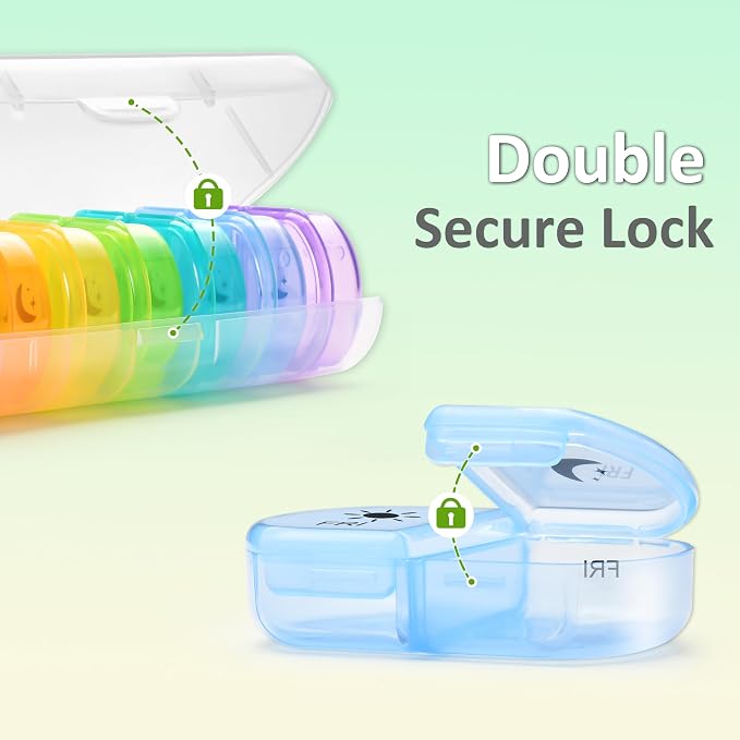 Fullicon Large Medicine Pill Organizer 2 Times a Day, AM PM 7 Day Travel | Each Compartment Holds 6 Fish Oils or 10 Vitamins, One Finger Open Lid, Double Secure Lock, Sturdy Hinges, Clear Rainbow