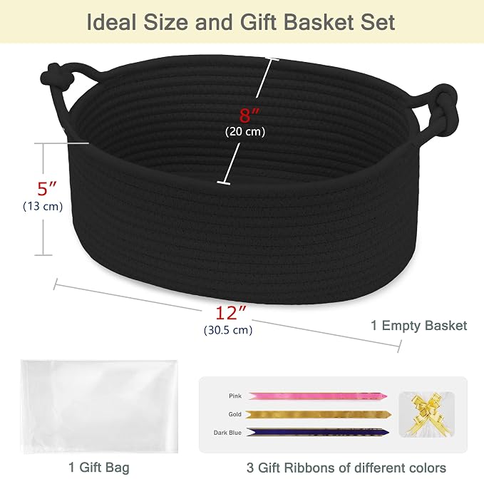 Small Empty Gift Basket with Bag & Ribbons, Black | 12“x8”x5”, Cotton Rope Woven Basket for Birthdays, Baby Showers, Mother's Day, Christmas; Stores Small Items, Kids & Pet Toys