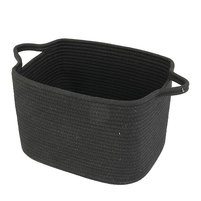 XUANGUO Woven Cotton Rope Storage Basket with Handles 13x10x9 inch black | Woven cotton rope basket for shelves and closets. Perfect for toys, books, clothes, nursery storage and gift baskets.