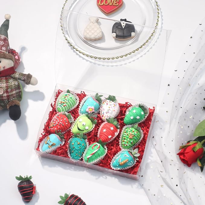 RomanticBaking 20PCS 10x7x2 inches Clear Strawberry Boxes for Party Favors | Clear Gift Boxes for Treats,Cookie, Bakery, Macaron and More
