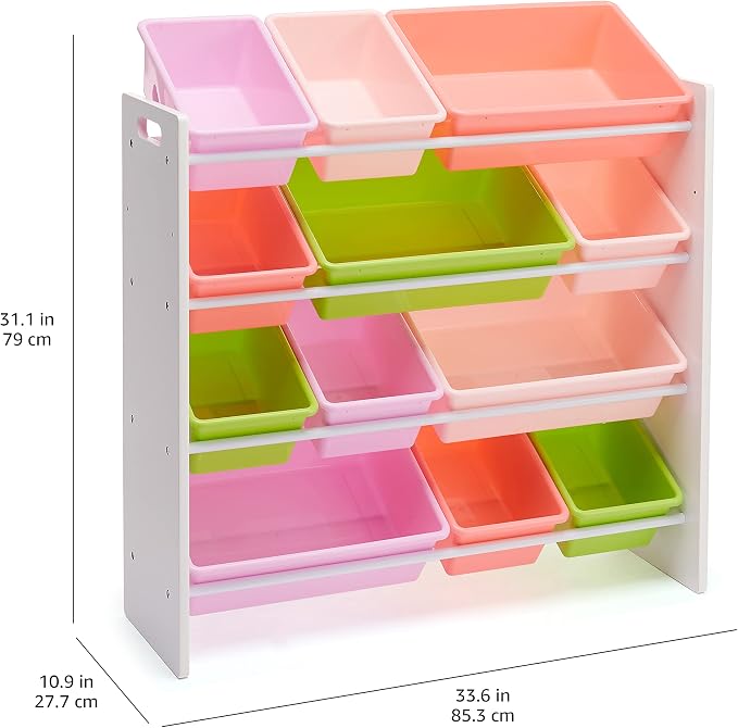 Amazon Basics Kids Toy Storage Organizer with 12 Plastic Bins, White Wood with Pink Bins, for Bedroom and Playroom, 33.85"D x 12.79"W x 35.42"H