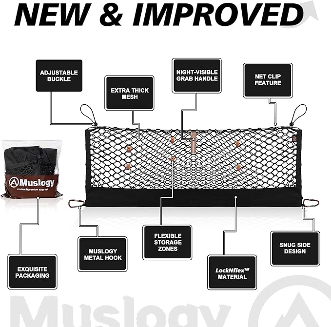 Muslogy Cargo Net for Honda Pilot 2023-2026 & 2026+ Passport Accessories | Custom Fit, Trunk Storage Organizer Net for SUV Sedan Van Divider, with Heavy Duty Carabiners, Night Visible Grab Handle