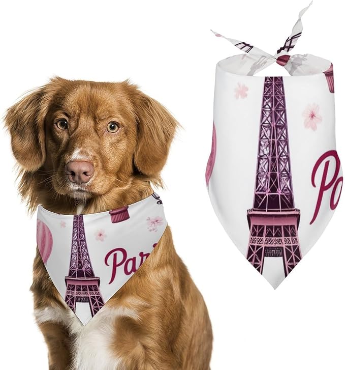 Lightweight and Breathable Pink Paris Eiffel Tower Pet Scarf Accessories for Small, Medium, Large Dogs, Cats Beach Outings, Going Out, Daily Use