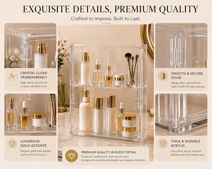 2-Tier Acrylic Display Case with Magnetic Door, Clear Makeup & Skincare Organizer for Bathroom Countertop, Dustproof Vanity Storage Cabinet for Cosmetics, Perfume & Beauty Products