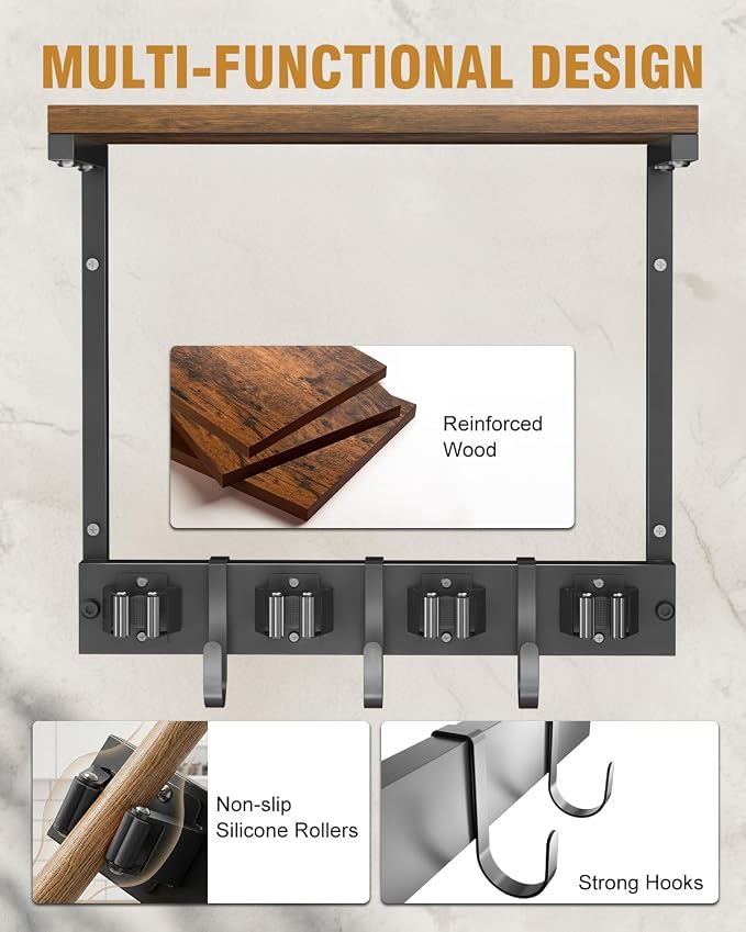 Supforce Small Broom Holder Wall Mount with Shelf, 4 Slots 3 Hooks | Black, 2-In-1 Wall Mount Stores Brooms/Mops, Cleaning Supplies With 4 Grippers/3 Hooks And A Sturdy Wooden Top Shelf
