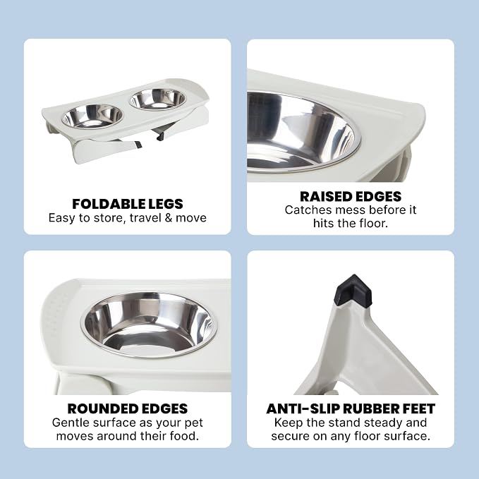 MalsiPree Elevated Dog Bowls - 6.5in Raised Stand, 2 Steel Bowls | Foldable raised feeder - splash guard, 2 steel bowls - Use for small dogs, travel & feeding station