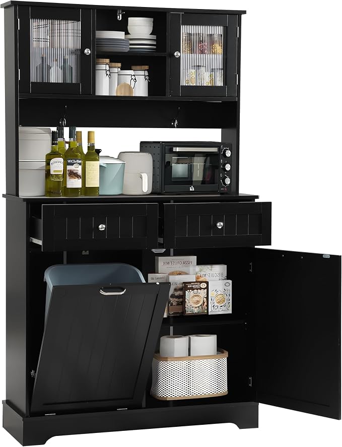 68.4" Kitchen Pantry Storage Cabinet, Freestanding Cupboard with Shelf, 2 Drawers and 1 Tilt Out Trash Cabinet, Tall Cabinets for Kitchen, Dinning Room, Living Room (Glossy Black, Single Tilt)