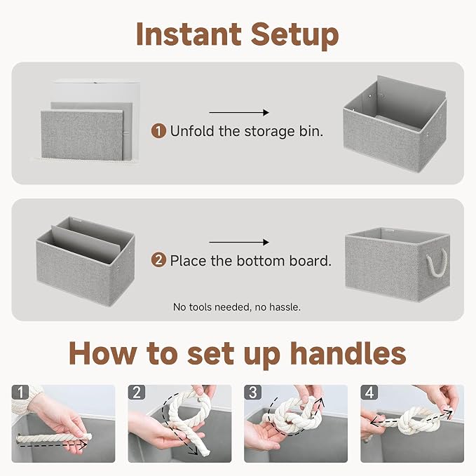 StorageWorks Storage Bins with Rope Handles, Gray, Extra Large, 3-Pack | Fabric Storage Bins for Shelves, Storage Baskets for Closet Organization, Organizer Bins for Clothes Storage